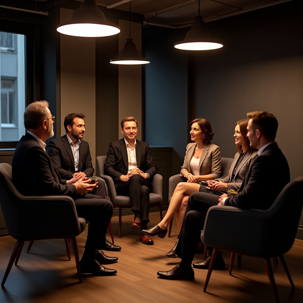 Piccolo gruppo di professionisti in una sessione di workshop serale